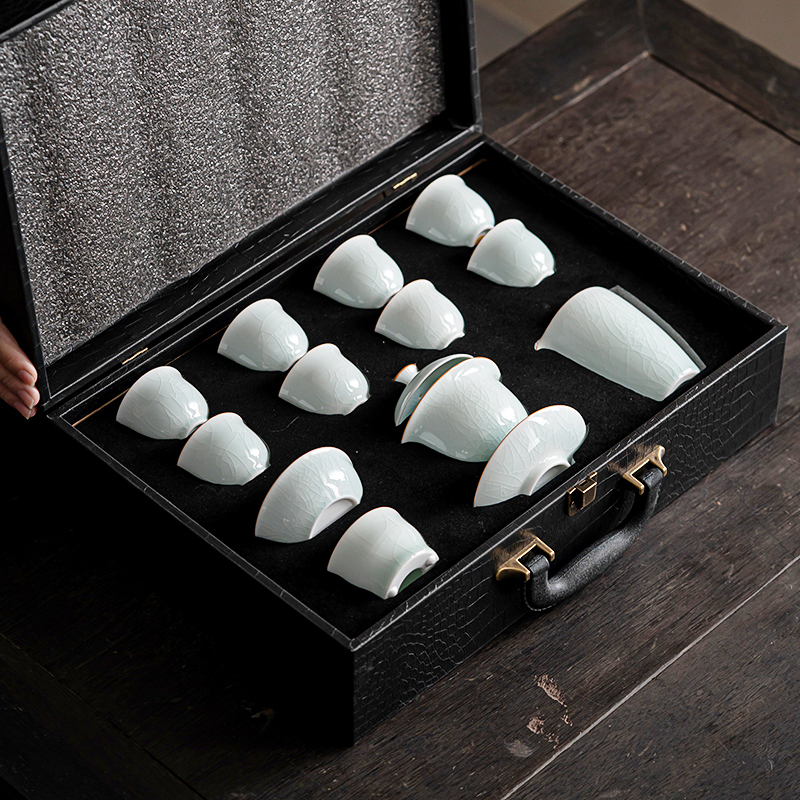 苏氏陶瓷(SUSHI CERAMICS)汝窑卵青 开片可养金线三才盖碗8茶杯高档礼盒装