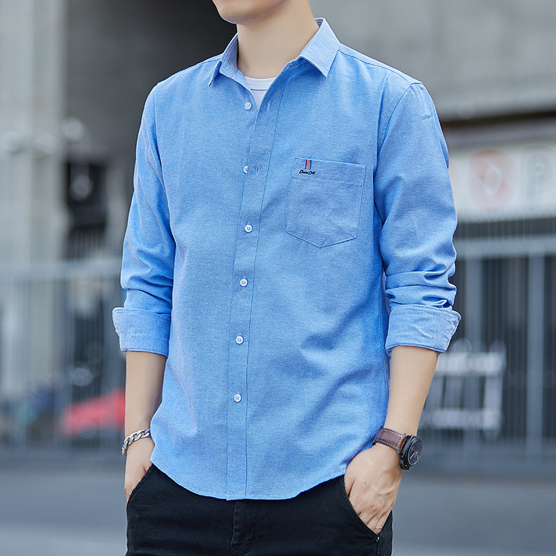 啄木鸟新款男士长袖衬衫商务修身加绒加厚休闲衬衣男装宽松上衣 XL115斤-130斤 9628浅蓝长袖