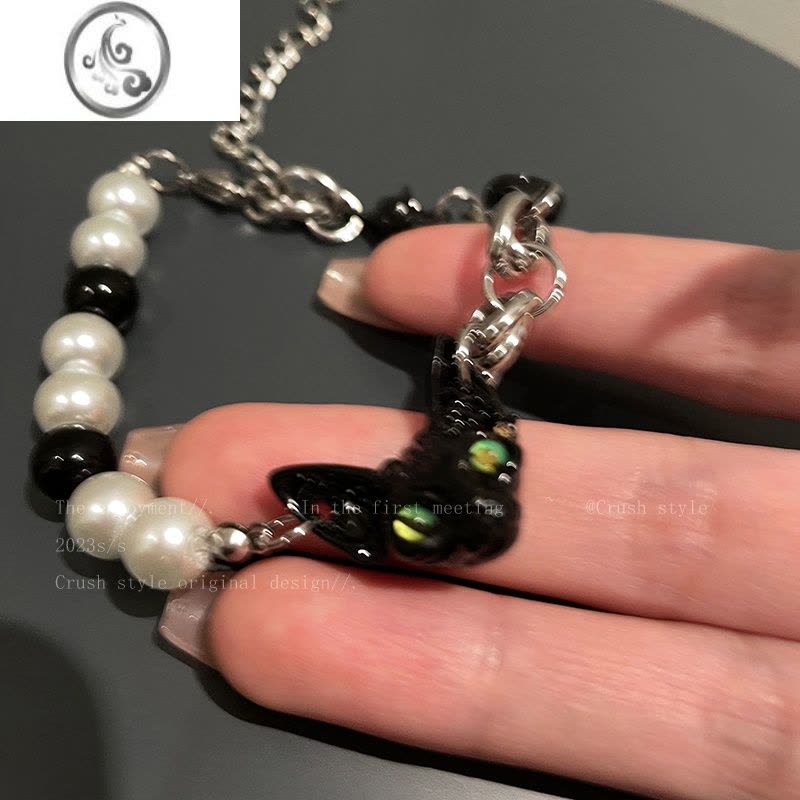 JiMi暗黑德文!黑咪珍珠拼接手链女潮ins小众设计感高级闺蜜手饰图片