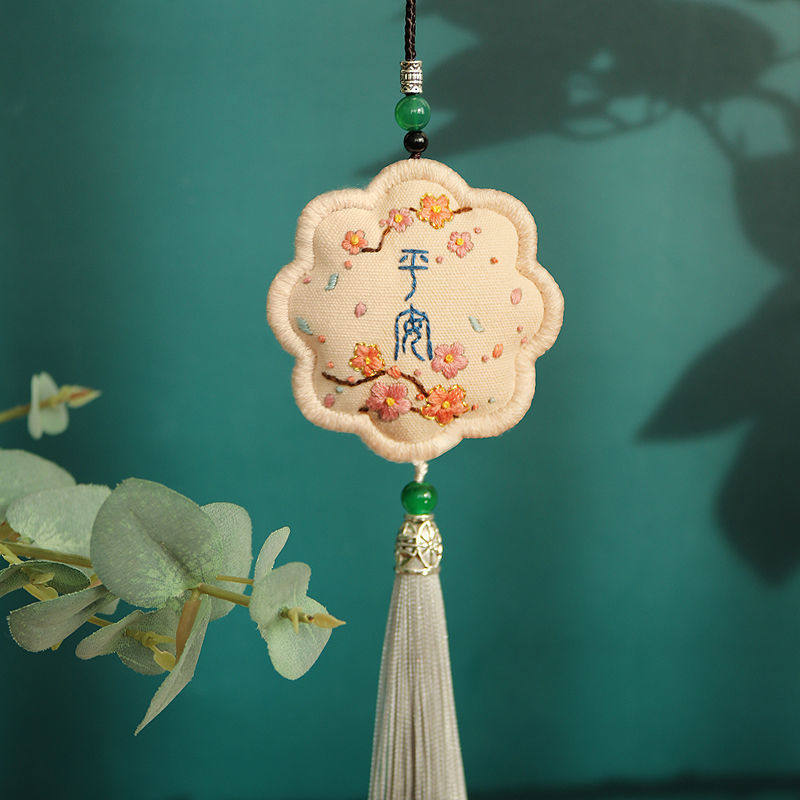 平安福刺绣diy手工礼物材料包自绣香囊钥匙扣初学者-蓝色樱花-送绣绷+香料+针线高清大图