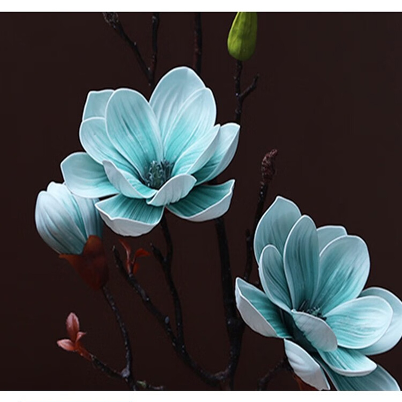 小窝厘 仿真玉兰花套装陶瓷花瓶桌面假花装饰 黑花瓶+松石绿套装
