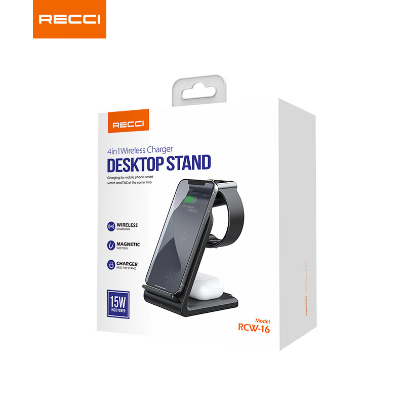 锐思(Recci) RCW-16 威能聚磁环手机支架四合一立式无线充电器 黑色高清大图
