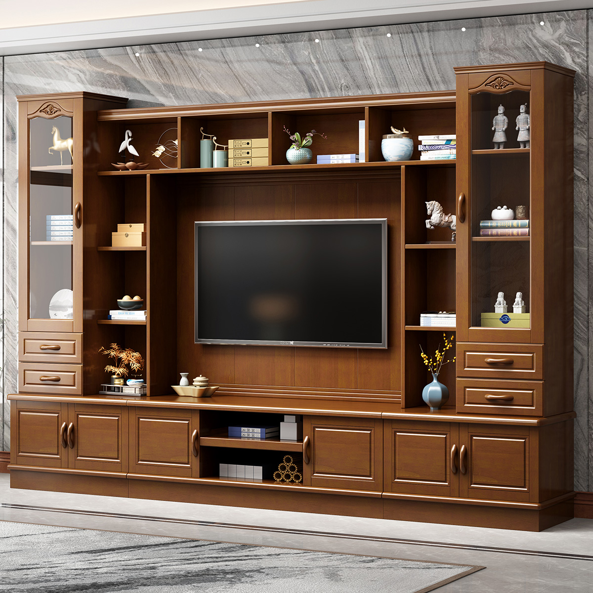 月影梳桐中式实木电视柜组合现代客厅组合柜储物柜地柜电视机柜墙
