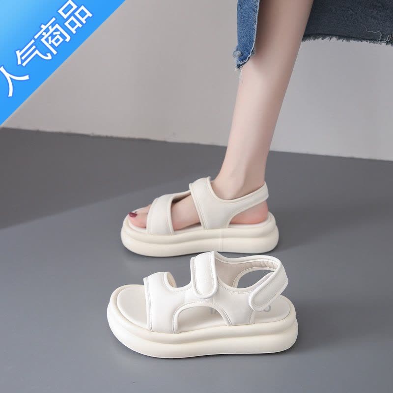 SUNTEK踩屎感凉鞋女款夏季2023新款厚底增高罗马鞋网红超火魔术贴沙滩鞋图片