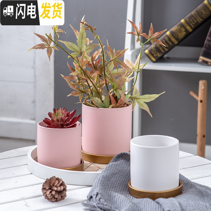 三维工匠陶瓷花盆哑光北欧黑白粉灰墨绿色圆柱形多肉盆绿萝鲜花盆栽带托盘 黑色中号12cm(配托盘) 中等花盆容器