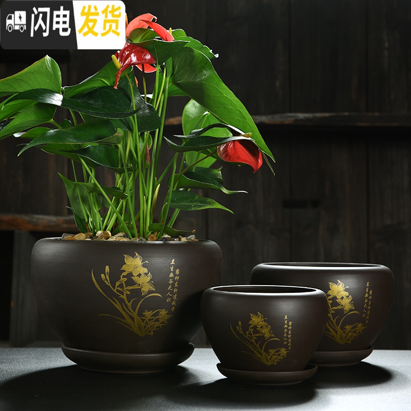 三维工匠紫砂花盆陶瓷大号特大带托盘绿萝盆景家用兰花多肉小花盆 DS紫砂苹果-天道酬勤单个 中等花盆容器高清大图