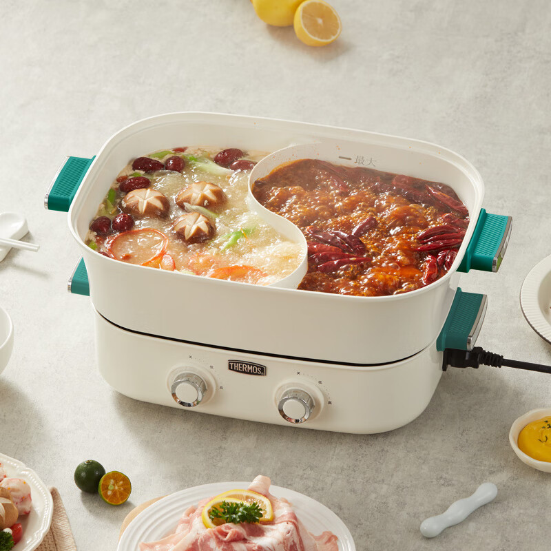 膳魔师 THERMOS家用电煮锅分体式多功能锅双控电热锅双味鸳鸯锅 6.5L EHA-4351A-G高清大图