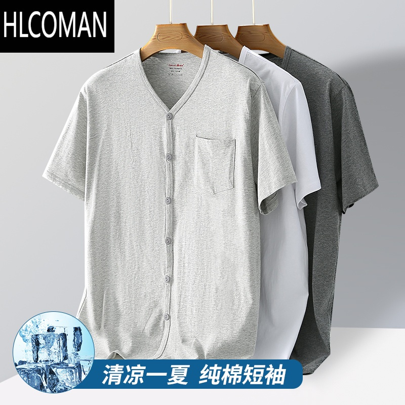 HLCOMAN中老年开衫短袖t恤中年男士打底衫爷爷上衣对襟大码汗衫