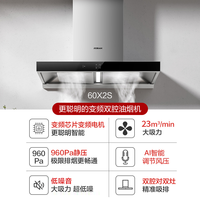 [变频]老板(ROBAM)双腔抽油烟机 欧式触控式23立方 红外线挥手智能低噪音960Pa大风压单油烟机60X2S高清大图