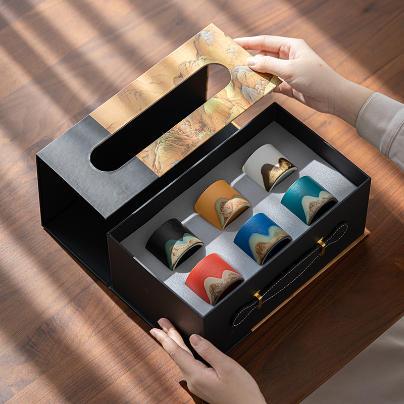 苏氏陶瓷(SUSHI CERAMICS)手绘釉画彩茶杯千里江山六色功夫茶杯节日伴手礼茶具手提礼盒套装