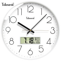 天王星(Telesonic)挂钟 客厅静音万年历钟表3D立体创意双日历温度时钟简约石英钟薄边挂表 纯洁白30CM日历款