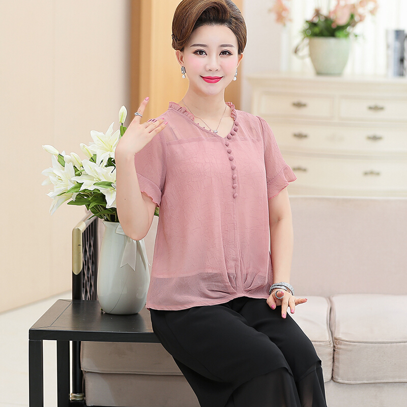 中老年夏季套装衣服2018新款时尚气质妈妈夏装两件套女装雪纺衫夏