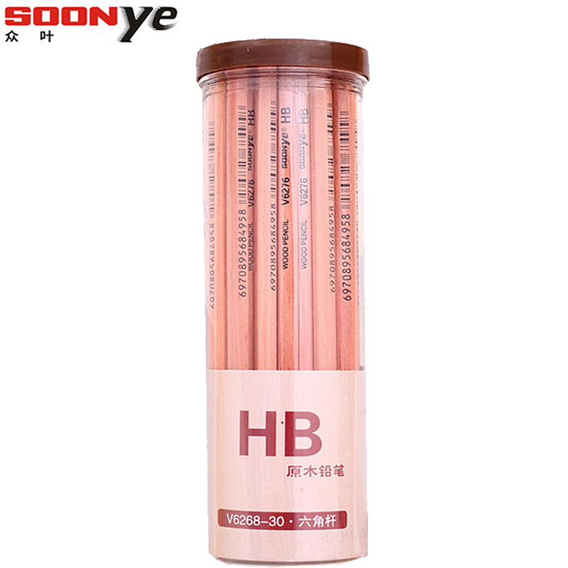 众叶(SOONye)V6268原木HB铅笔 30/50支筒装 六角笔杆 木头铅笔 素描铅笔 绘图铅笔 画画铅笔 考试铅笔