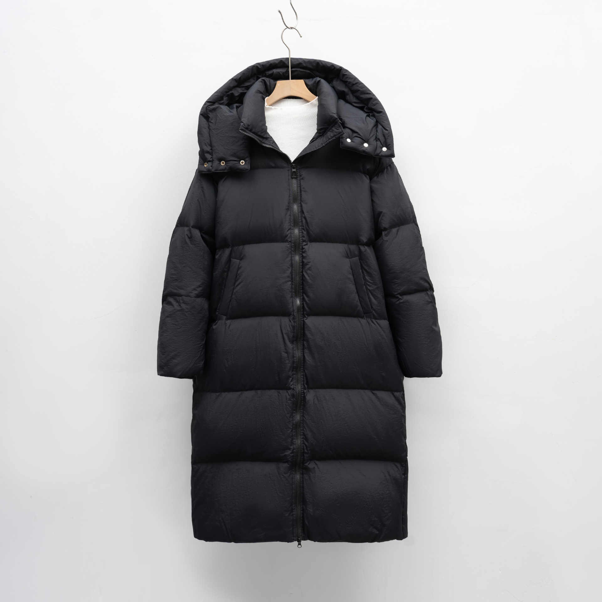 冬季新款长款过膝大被子连帽简约加厚保暖外套羽绒服女 黑色 S