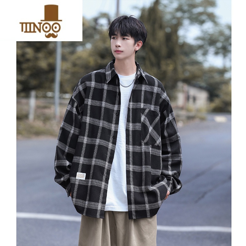 YANXU格子衬衫男长袖日系复古痞帅百搭潮流宽松学生休闲衬衣外流高清大图