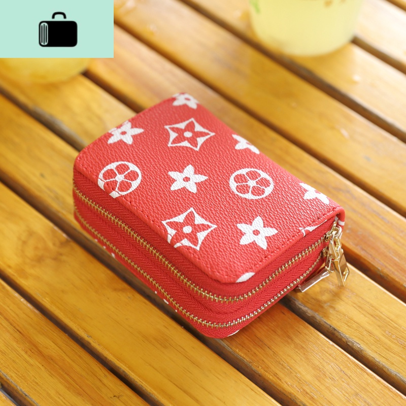 新款简约小巧双拉链卡包女式男士风琴卡夹超薄卡套小零钱包卡片包NEW LAKE 红色