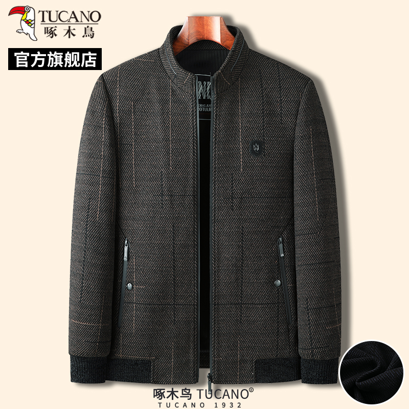 啄木鸟春季新款男士毛呢外套中年商务爸爸装休闲夹克衫立领上衣啄高清大图
