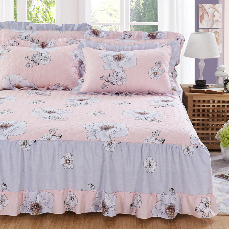 美帮汇夹棉全棉床裙式床罩单件保护床套荷叶花边床单床群双人1.8米2.
