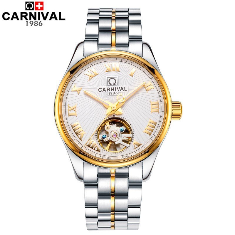 瑞士嘉年华CARNIVAL手表男士表 全自动机械表 男休闲时尚男表镂空飞轮金属精钢真皮腕表 夜光防水机械男表MS4660