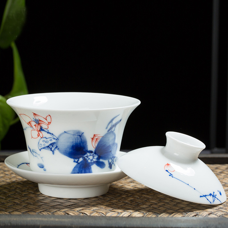 景德镇手绘春风细雨藤陶瓷茶具套装 青花瓷手绘陶瓷茶杯品茗杯盖碗公道杯8件礼盒包装