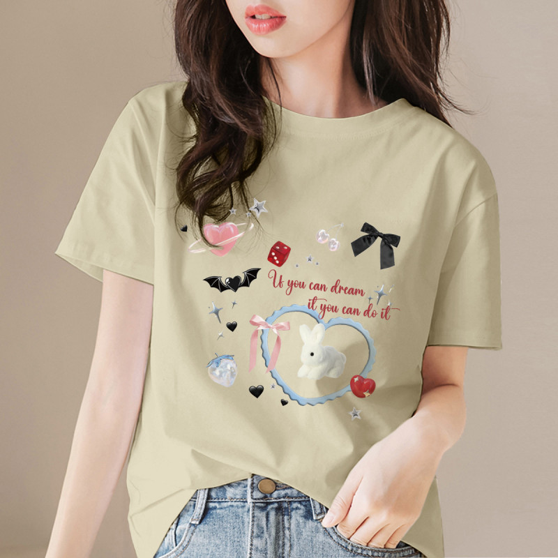 [2.5折价58元]唐狮夏季女圆领前胸图案短袖T恤百搭简约减龄时尚韩系