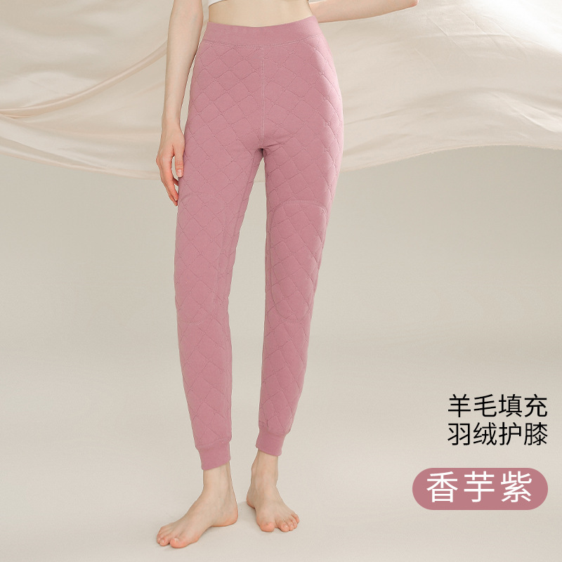 男士加厚绗缝羊毛保暖裤男款加绒加肥加大冬季高腰东北棉裤中老年 女香芋紫 XXL
