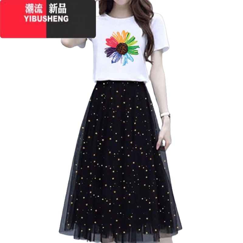 YIBUSHENG网纱裙女两件套装季新款短袖t恤女小个子半身裙子学生连衣裙女高清大图