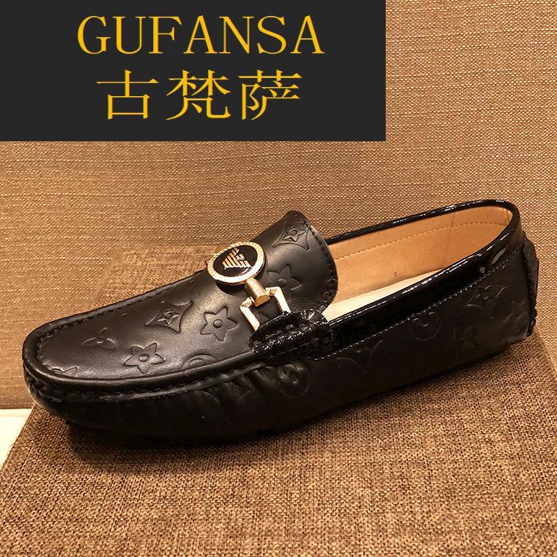 GUFANSA法国奢侈品牌 欧洲上流名士高端品牌旗舰店联名利登阿玛尼豆豆鞋男2021秋冬新款真皮压花休闲皮鞋