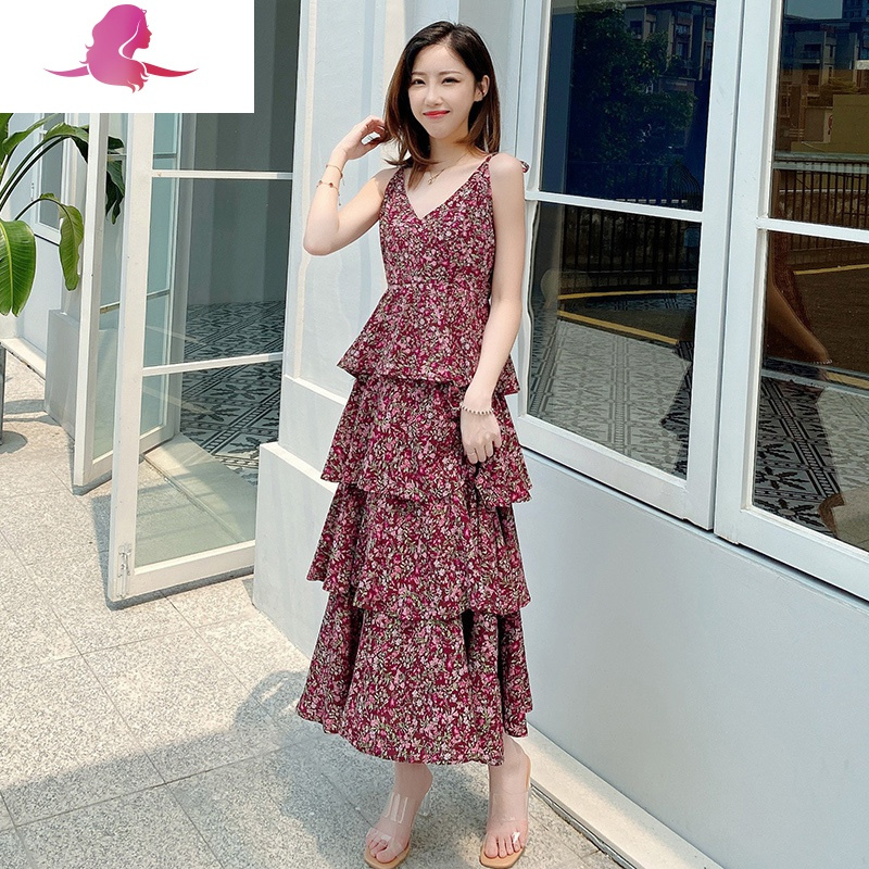 艳如飞碎花连衣裙两件套装裙夏中长款新款小雏菊蛋糕裙收腰内搭吊带长裙连衣裙