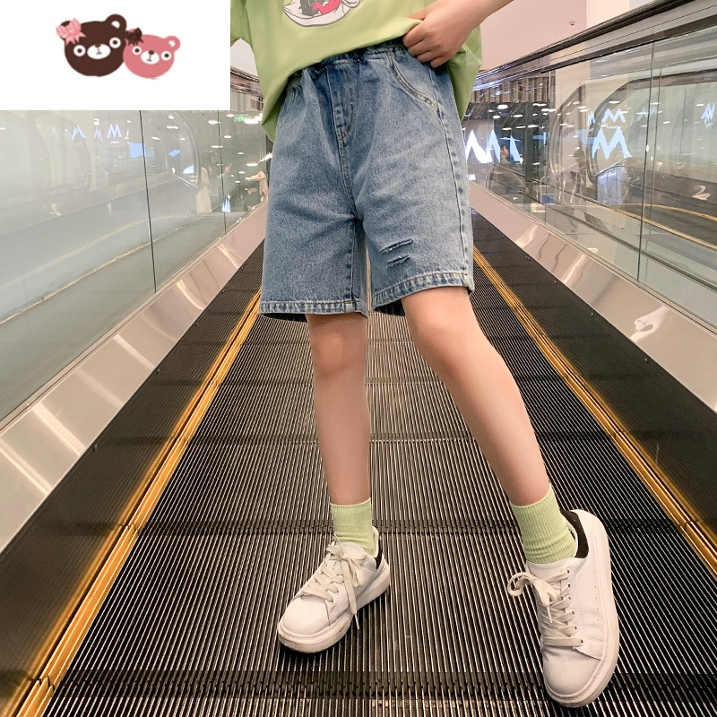 绿彩虹光女童牛仔短裤夏装2022新款童装夏洋气时髦中大童女孩儿童裤子夏季