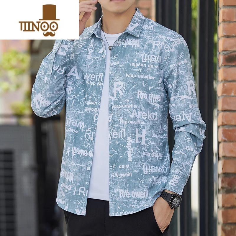 YANXU夏季薄款冰丝长袖衬衫男款韩版休闲衬衣男潮牌夏天青少年弹力寸衫高清大图