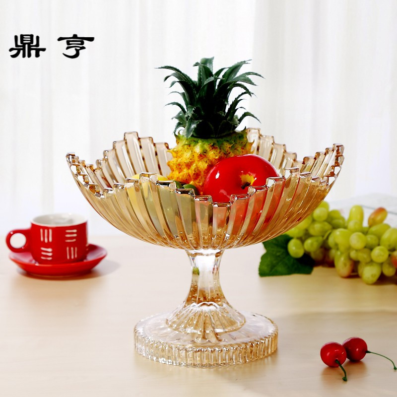 鼎亨欧式玻璃高脚水果盘现代创意客厅摆件大号家用透明茶几果盘