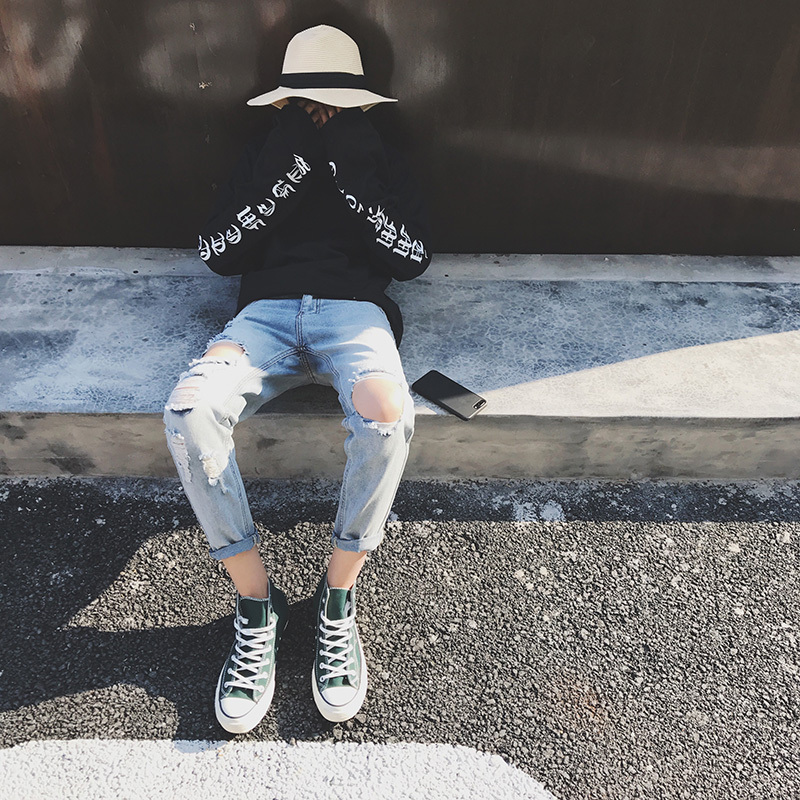破洞牛仔裤男个性韩版修身潮牌9分裤bf原宿风日韩风帅t男裤子