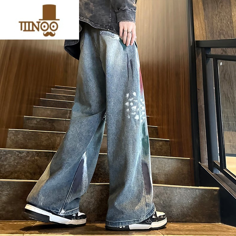 YANXU牛仔裤男秋季美式高街痞帅水洗做旧阔腿裤子潮牌宽松直筒休闲长高高清大图