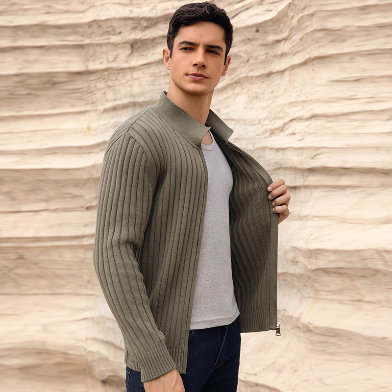 jeep spirit吉普加绒加厚针织开衫男士潮牌纯色百搭翻领毛衣保暖外套