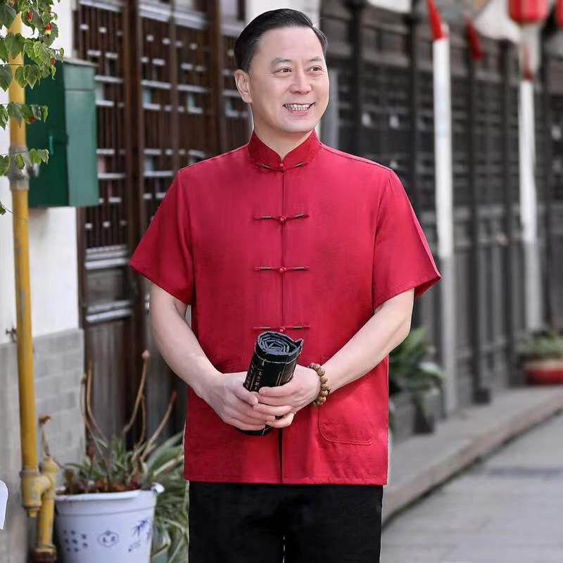 唐装男短袖套装夏季中老年男装爷爷中国风爸爸装老年人汉服衣服夏 莎丞