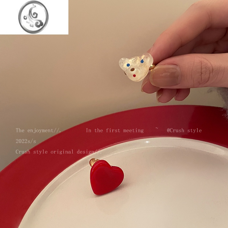 JiMi红色爱心小熊树脂戒指女甜美少女网红食指戒ins潮时尚个性关节戒