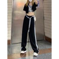 设计感蕾丝花边腰带黑色西装裤女春夏新款高腰垂感宽松休闲裤子女 黑色裤子 S