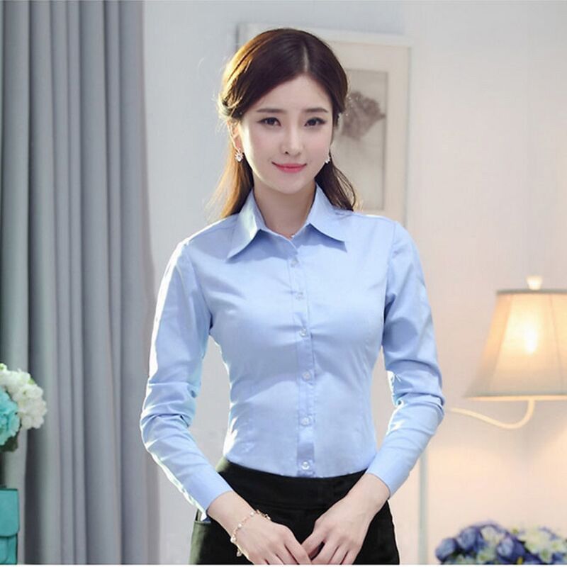 白衬衫女修身长袖短袖职业装大码工作服正装白色蓝色白衬衣女韩版