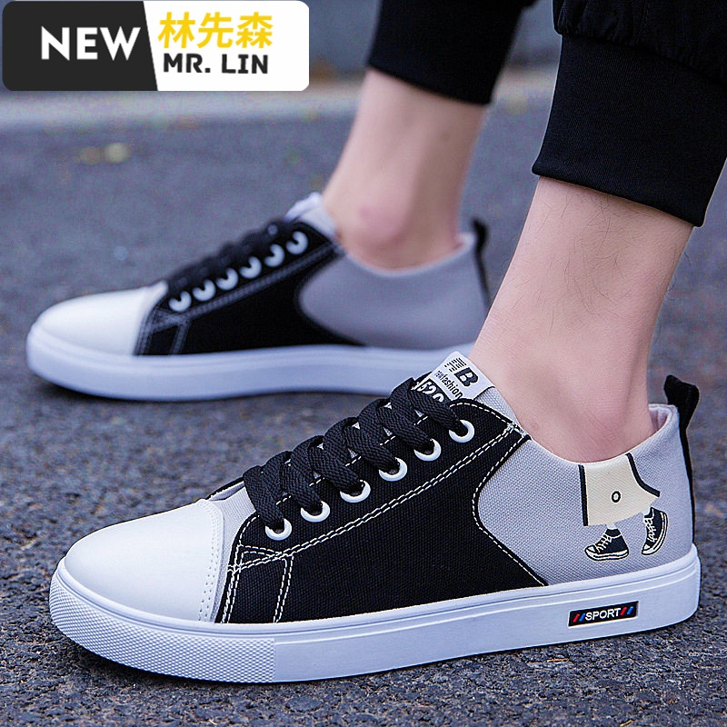 林先森鞋子男潮鞋经典黑色帆布鞋男春季韩版潮流百搭低帮休闲情侣滑板