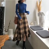 不规则毛呢a字裙高腰显瘦格子裙开叉遮胯半身裙中长款女秋冬长裙
