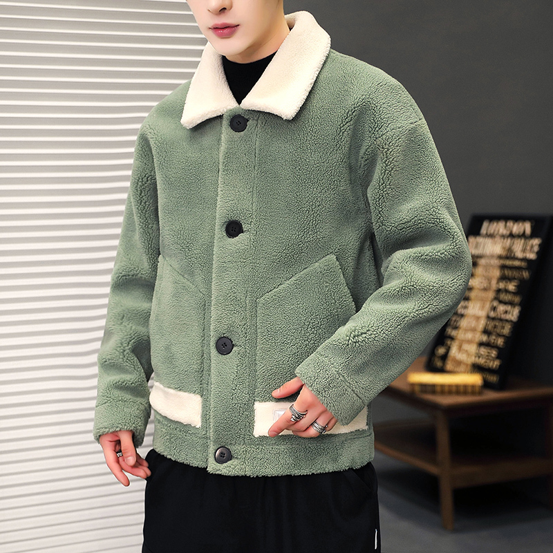 yuansu羊羔绒外套男士青年潮牌颗粒绒夹克加厚休闲棉衣帅气白色男装