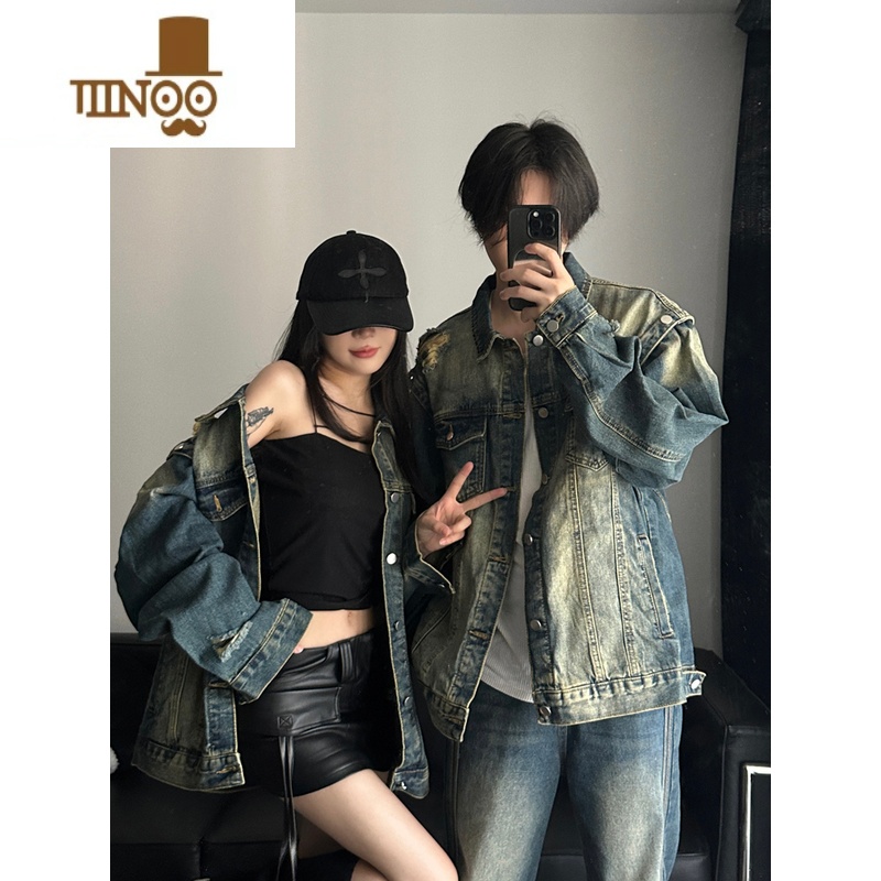 YANXU美式复古水洗做旧牛仔外套早秋情侣装设计感宽松破洞翻领夹克上衣高清大图