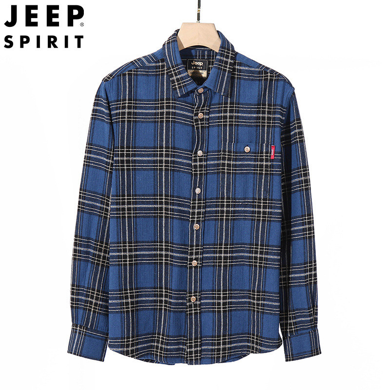 JEEP SPIRIT长袖衬衫秋冬厚款宽松大码工装衬衣中青年休闲男装