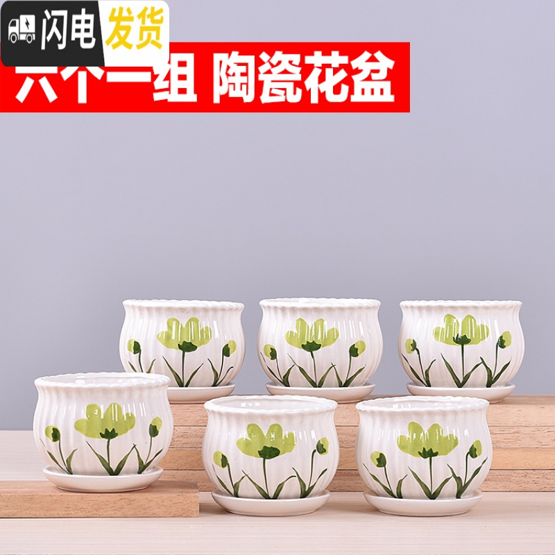 三维工匠六个一组多肉花盆陶瓷带托盘 肉肉植物盆栽花器 F02套装6个 中等花盆容器