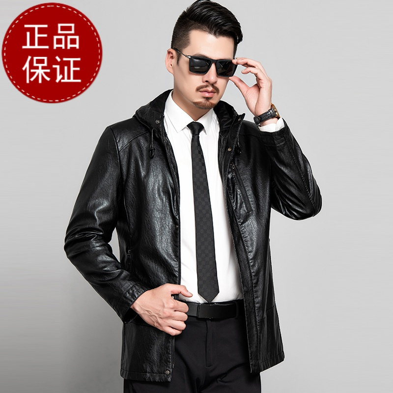 免费试穿 海宁真皮男皮毛一体男外套青中年连帽真皮真毛冬季加厚皮衣皮夹克海宁真皮绵羊皮