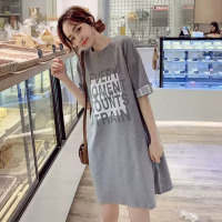 灰色 M 夏季中长款过膝韩版连衣裙打底T恤裙子宽松大码孕妇家居懒人裙潮