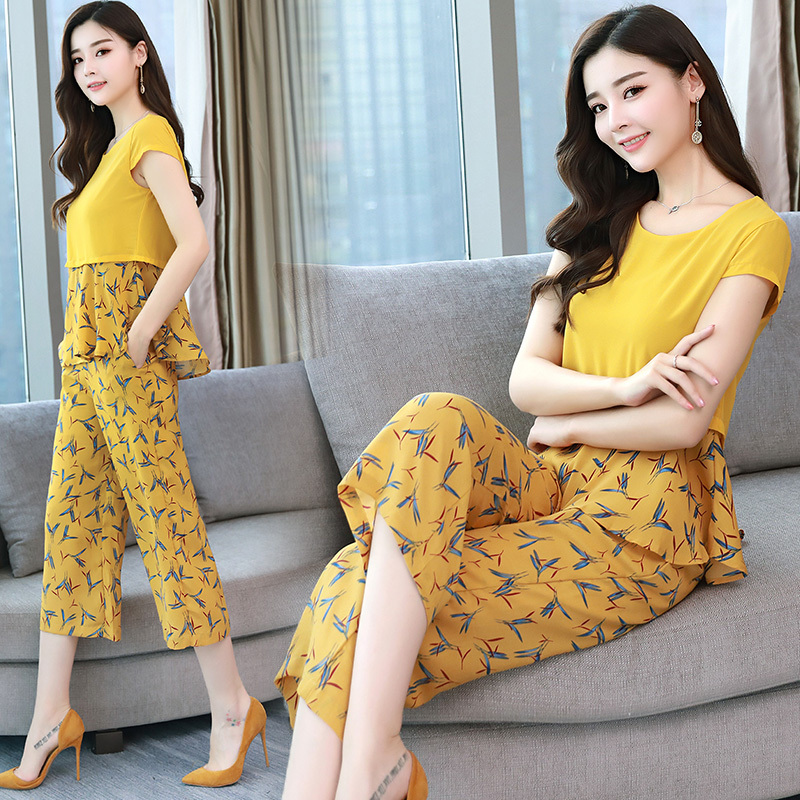 时尚套装女女士夏装新品韩版修身无袖雪纺衫名媛印花阔腿裤两件套