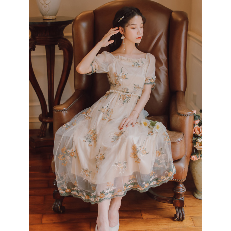 梗桔裙初恋碎花宫廷复古裙子仙女超仙长裙脚踝仙气森系连衣裙连衣裙