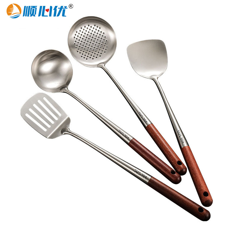 顺心优 304不锈钢加长木柄炒勺 425*100/把高清大图